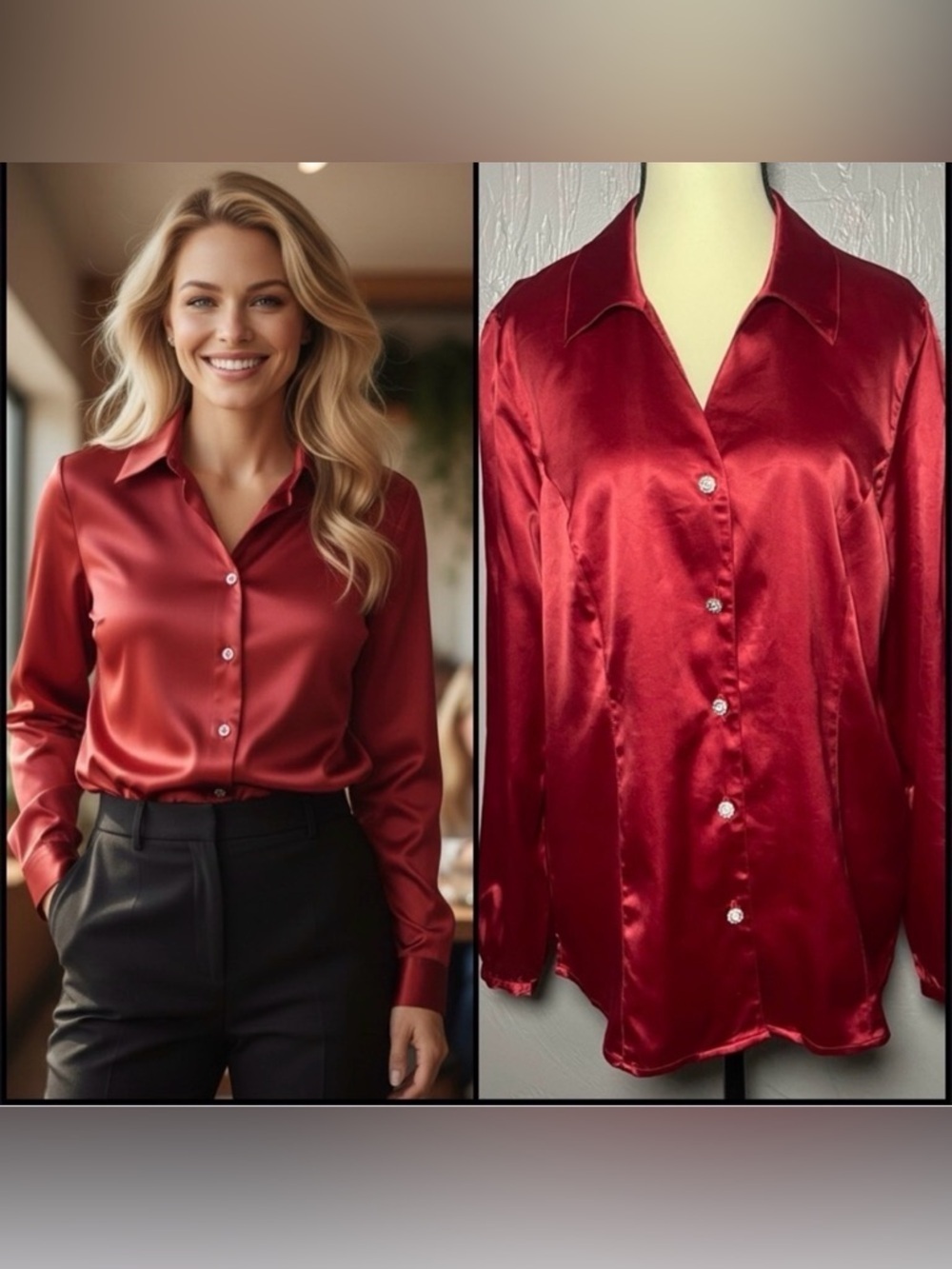 Vintage 90s Susan Graver Style Red Satin Blouse with Rhinestone Buttons